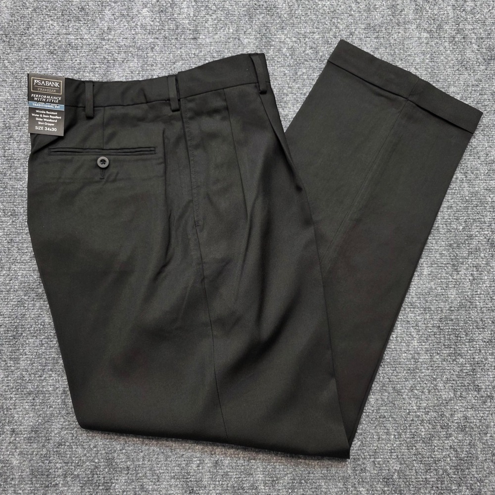 Jos A Bank Traveler Performance Dress Pants Black Pleated Cuffed Men's 34x30 Fit